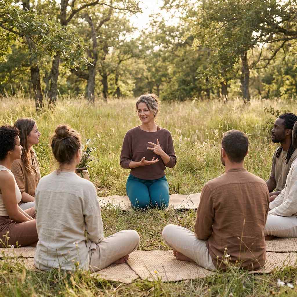 Do-In Yoga oefening in de buitenlucht met groep