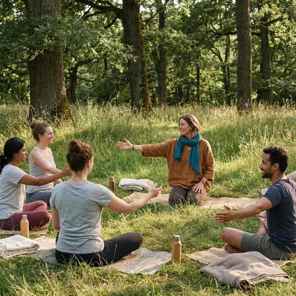 Do-In Yoga docent begeleidt groep in de natuur