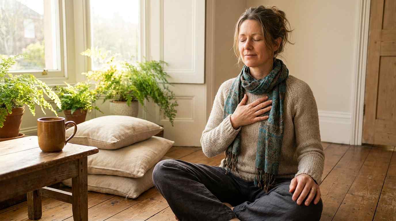 Vrouw met hand op haar hart tijdens een Do-In Yoga oefening voor de hart meridiaan